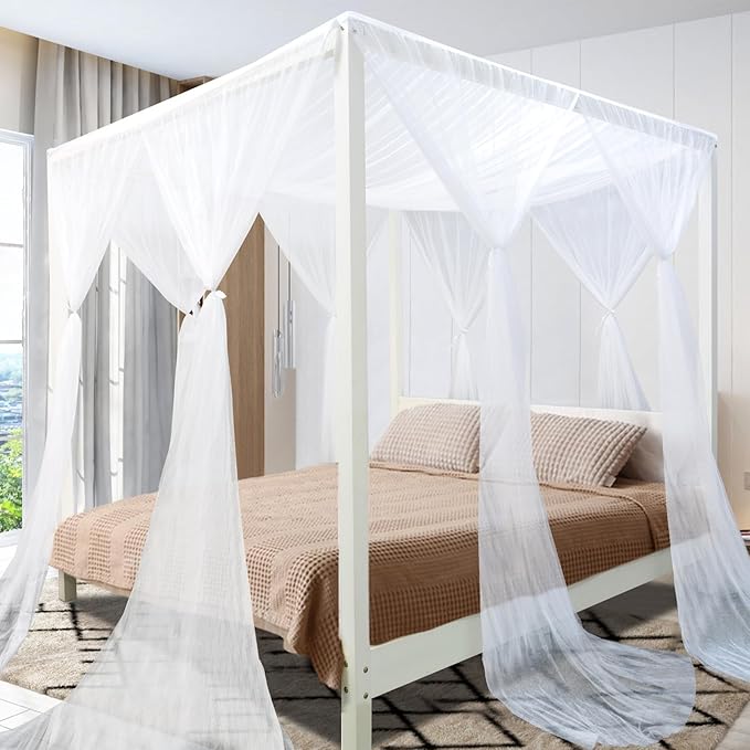 South to East White Canopy Bed Curtains, 4 Corner Post Bed Canopy, Top Elegant Bed Drapes for Bedroom Decor, 75D Polyester Mesh, 4 Openings, Easy Install, Bed Curtain for King/Queen Size