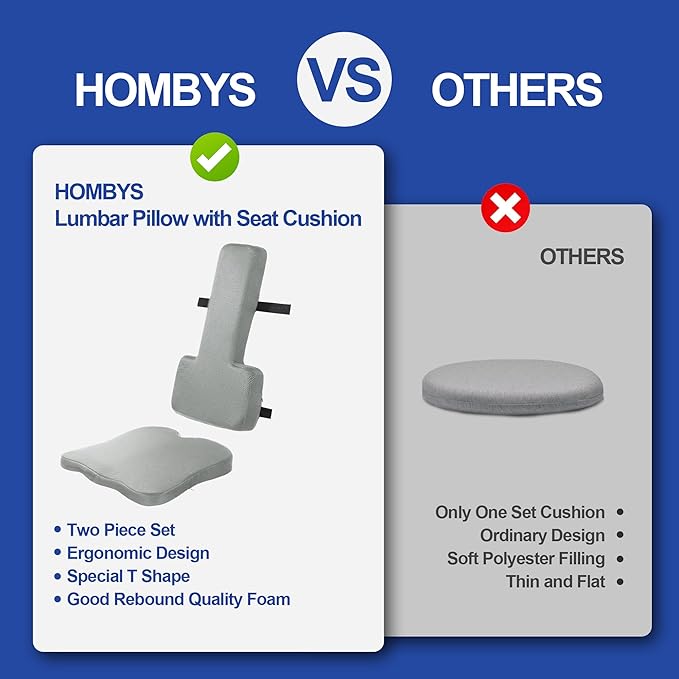HOMBYS Lumbar Support Pillow for Office Chair with Seat Cushion, T Shape Backrest Pillow Improved Sitting Posture and Upper/Lower Back Pain Relief for Desk Chairs, Car Seats and Airplanes, Light Grey