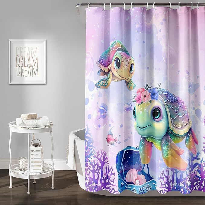 AILONEN Kawaii Sea Turtle Shower Curtain,Tie Die Ocean Animal Themed Bath Curtain Cloth Fabric Bathroom 72" W*78" H Inch,12 Pack Hooks for Kids,Sea Animal with Treasure Box Bathroom Curtain