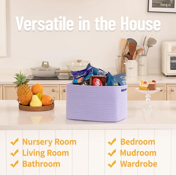 4 Pack Storage Baskets for Organizing Toys, Towels, and Clothes, Woven Basket for Shelves, Sturdy Nursery Cube Bins for Storage, 13''L x9''W x7.8''H, Purple
