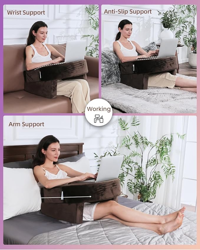 Weighted Idea Reading Pillow for Gaming, Meduim Gaming Pillow for Adult，Table Pillow with 2 Side Pockets for Gaming, Reading, Working Sitting in Bed Floor Sofa (Brown)