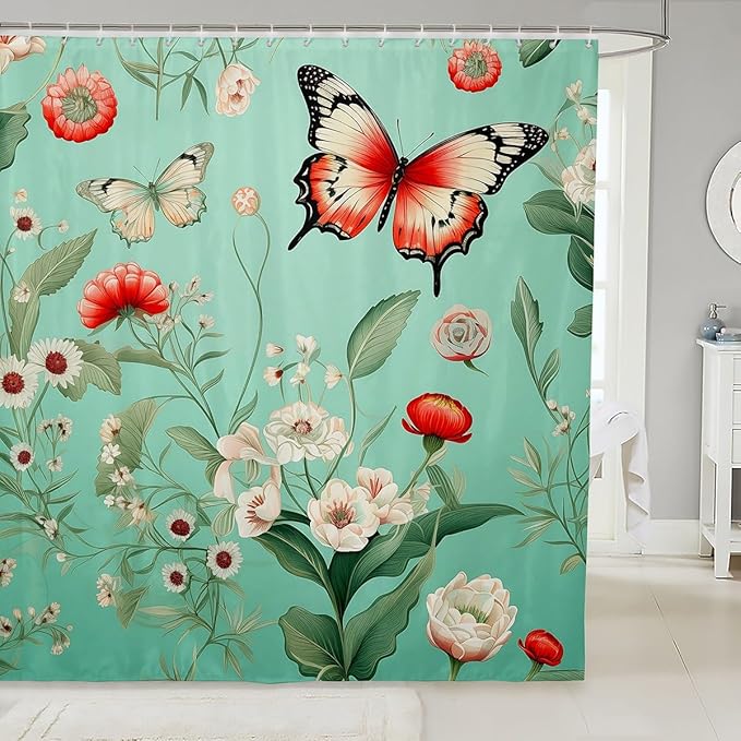 Feelyou Floral Flower Fabric Shower Curtain Red Butterfly Shower Curtain for Teens Green Bathroom Waterproof Accessories with 12 Hooks Flower Botanical Curtains,72x84 Inches