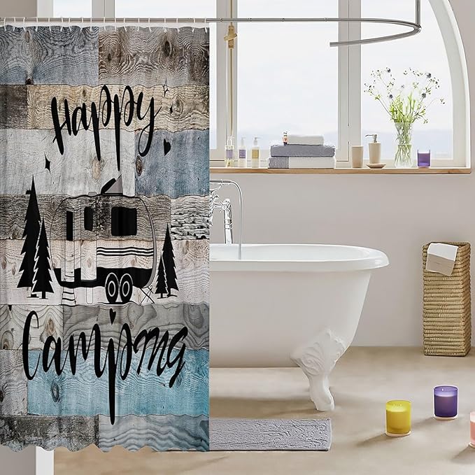 Feelyou Camper Shower Curtain Camping Bathroom Shower Curtain Set Happy Camping Bath Curtain for Kids Boys Girls Camping Car Kids Bathroom Accessories 72"x84"