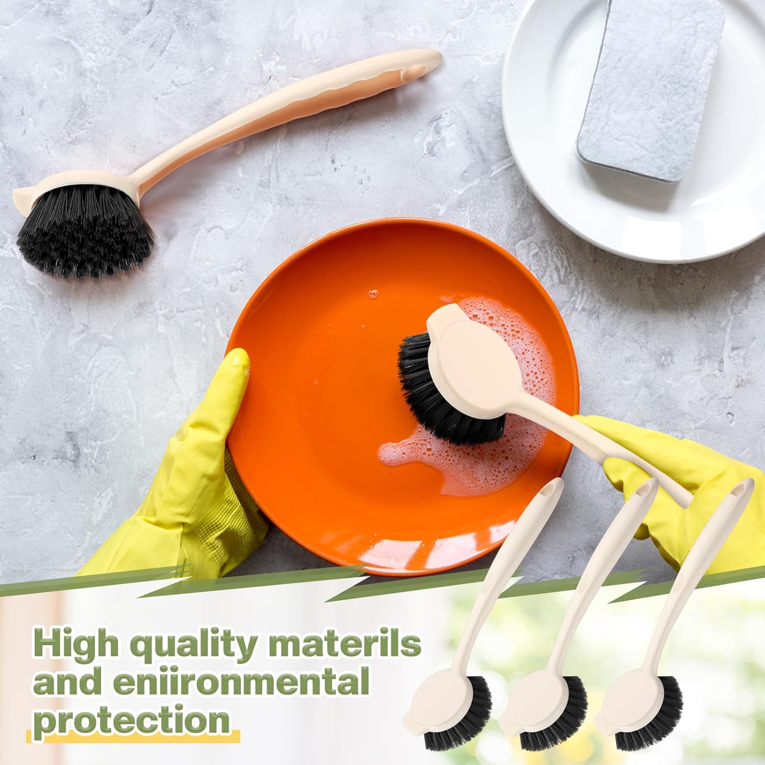 16 Pack Dish Brush with Handle Dish Scrubber Brush with Built-in Scraper Kitchen Scrub with Stiff Bristles Long Scrubber for Home Restaurant Pot Sink Washing Cleaning Supplies, Beige