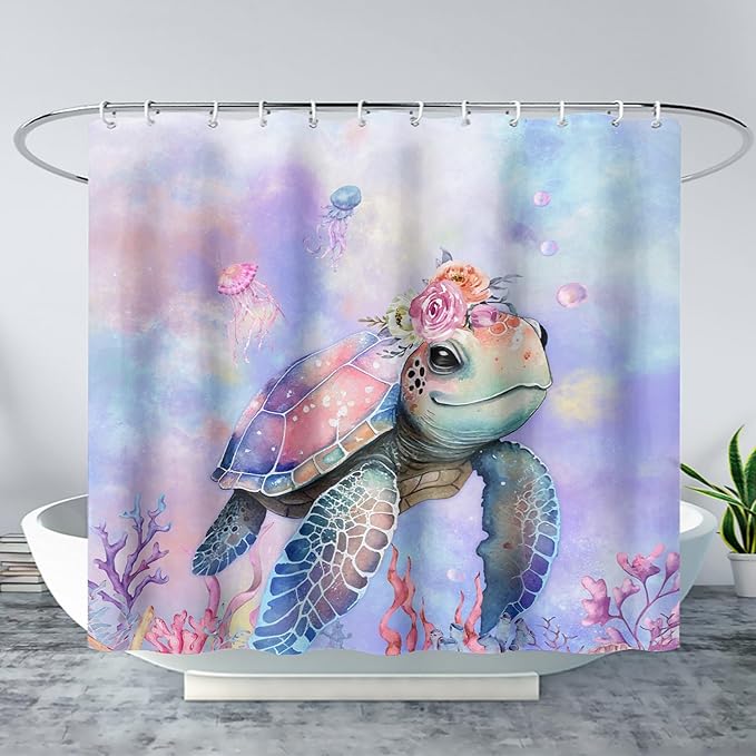 AILONEN Kawaii Sea Turtle Shower Curtain,Tie Die Turtle Bath Curtain Cloth Fabric Bathroom 72" W*84" H Inch,12 Pack Hooks for Kids Child Cute Watercolor Pink Sea Animal Bathroom Curtain