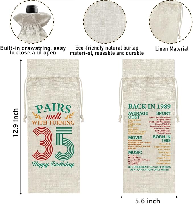 35th Birthday Gifts Wine Bag Congratulations Gifts for Women Men Parents Mom Dad Anniversary Favors 1989 with Time Information Wine Gift Bag
