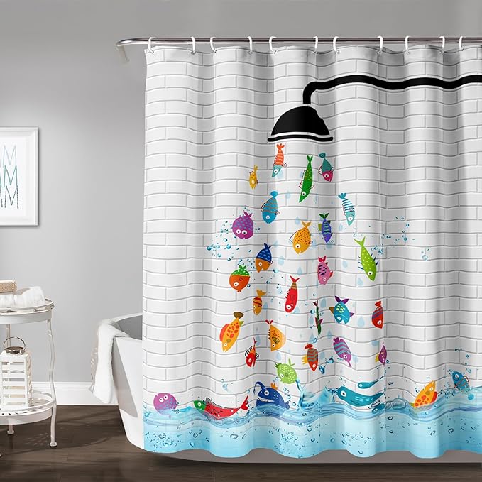 AILONEN Cute Fish Shower Curtain for Kids 60" W*72" H Inch,Raining Fish Playing Water Shower Curtains,12 Pack Hooks Polyester Waterproof Fabric Decor for Bathroom Bathtub Panels