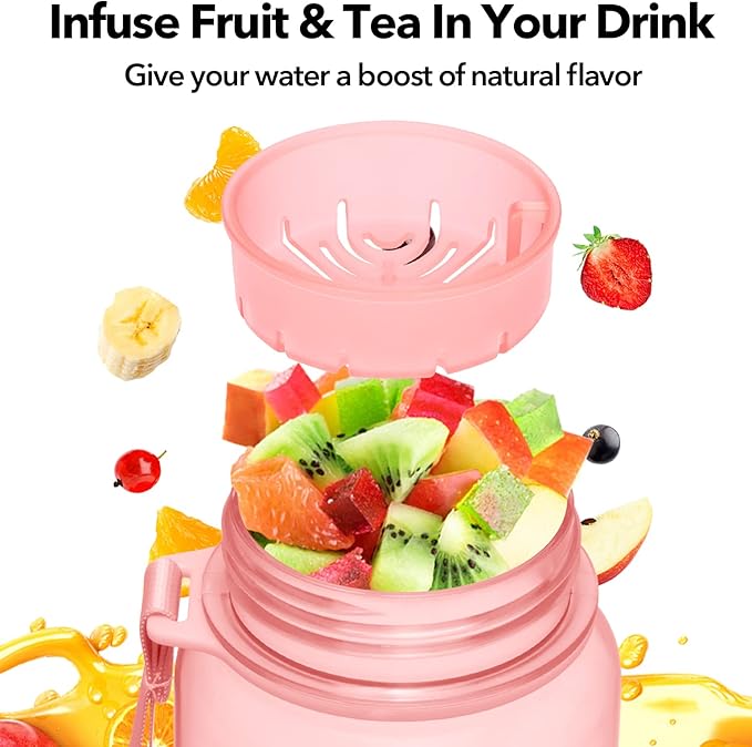 32oz/26oz Motivational Water Bottle with Time Marker & Fruit Strainer, Leak-proof BPA Free Non-Toxic 1l Bottle with Carrying Strap, Perfect for Fitness, Gym and Outdoor Sports Plastic