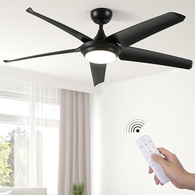 DWVO 56" Ceiling Fan with Light and Remote, Indoor Ceiling Fan Reversible Light Fixtures, 5 Blade Ceiling Fan with Memory 3 Color Temperature, 6 Speed Quiet DC Motor for Bedroom Living Room, Black