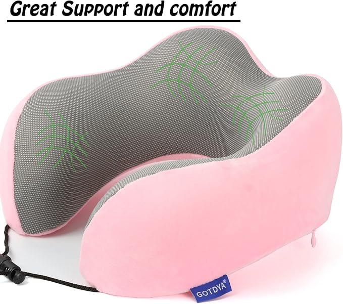 GOTDYA Travel Pillow,Travel Neck Pillows for Sleeping,100% Pure Memory Foam Soft Comfort & Support Pillow for Airplane/Car/Office&Home Rest Use-Pink