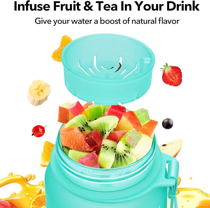 32oz Motivational Water Bottle with Time Marker & Fruit Strainer, Leak-proof BPA Free Non-Toxic Bottle with Carrying Strap, Perfect for Fitness, Gym and Outdoor Sports