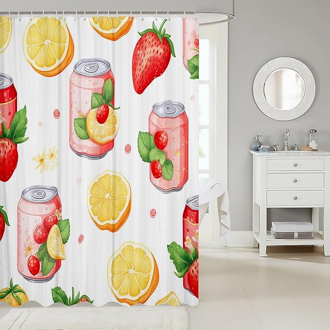 Feelyou Strawberry Shower Curtain Boys Girls Orange Fabric Shower Curtain for Kids Cherry Bathroom Waterproof Accessories with 12 Hooks Fruit Summer Theme Curtains,72x72 Inches