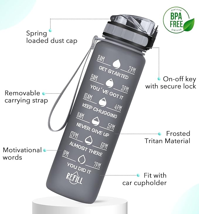 32oz Motivational Water Bottle with Time Marker & Fruit Strainer, Leak-proof BPA Free Non-Toxic 1l Bottle with Carrying Strap, Perfect for Fitness, Gym and Outdoor Sports (Graphite)