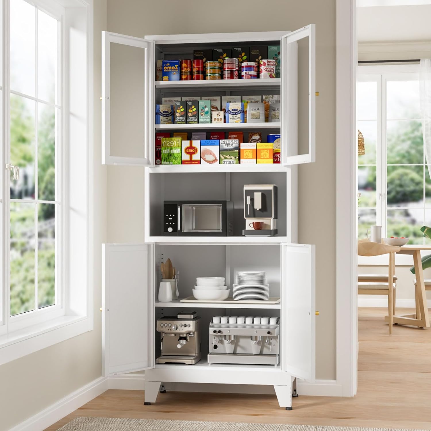 69" Tall Pantry Cabinet, Kitchen Storage Cabinet with 2 Glass Doors and Adjustbale Shelves, Freestanding Metal Cupboards for Dining Room, Living Room, Bathroom