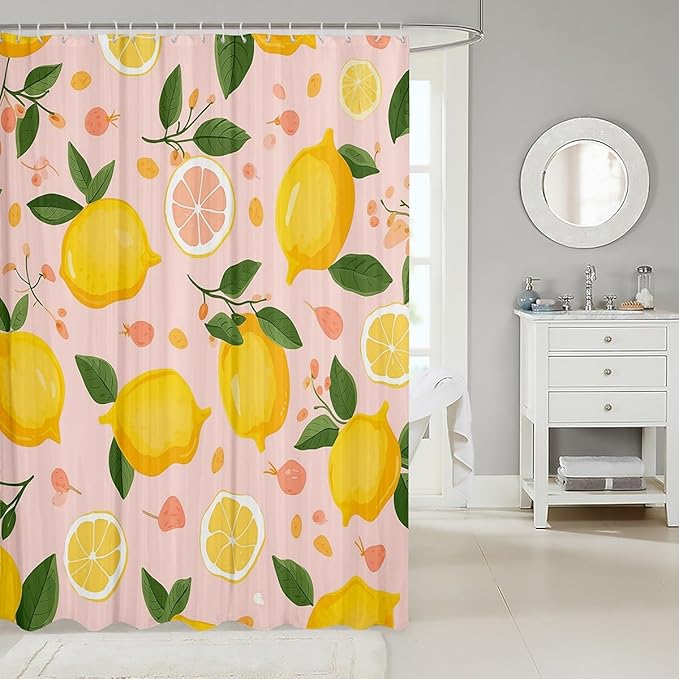 Feelyou Lemon Shower Curtain Kids Cartoon Lemon Fabric Shower Curtain Citrus Bathroom Waterproof Accessories with 12 Hooks for Women Men Yellow Pink Curtains,72x84 Inches