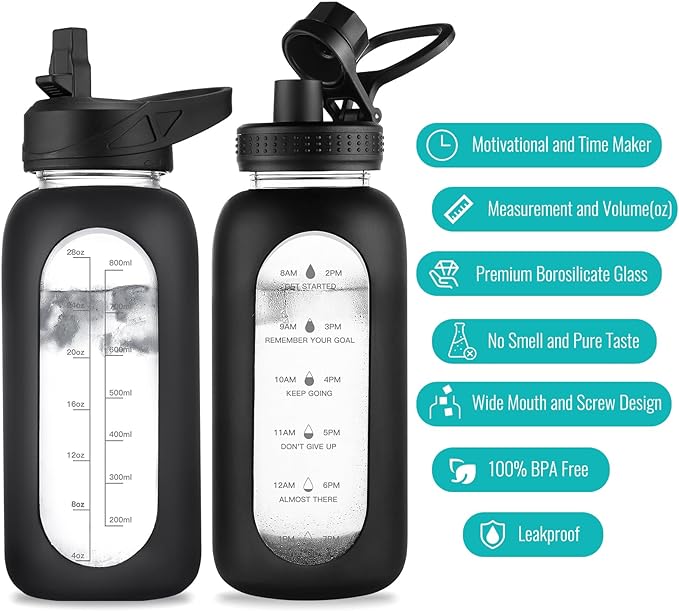 32 oz Glass Water Bottle with Straw and Handle, Sports Motivational Water Flask with Silicone Sleeve, Large Leakproof Water Flask Cup with Time Marker for Travel, Gym, Sage