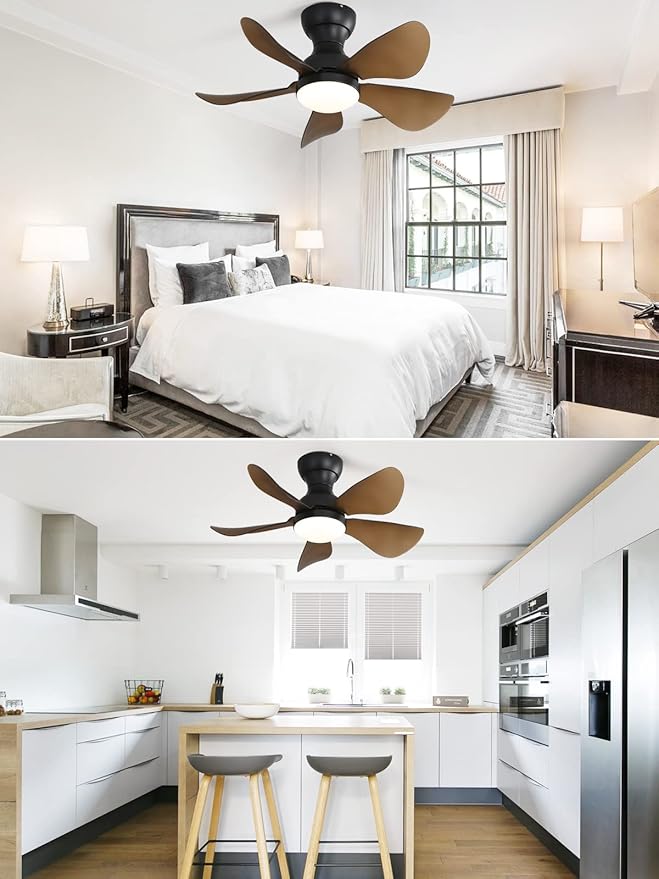 Sofucor Small Ceiling Fan with Lights Remote Control, 29'' Low Profile Ceiling Fan with Remote, Flush Mount Ceiling Fan with 3 Color Temperature, Black