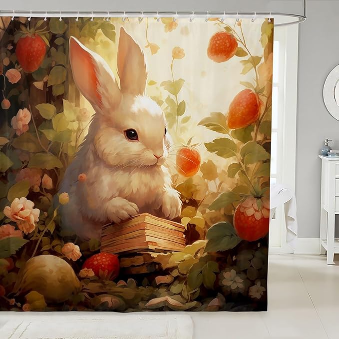 Feelyou Rabbit Fabric Shower Curtain Cute Cartoon Rabbit Shower Curtain for Teens Funny Bunny Bathroom Waterproof Accessories with 12 Hooks Kawaii Animal Curtains,72x78 Inches