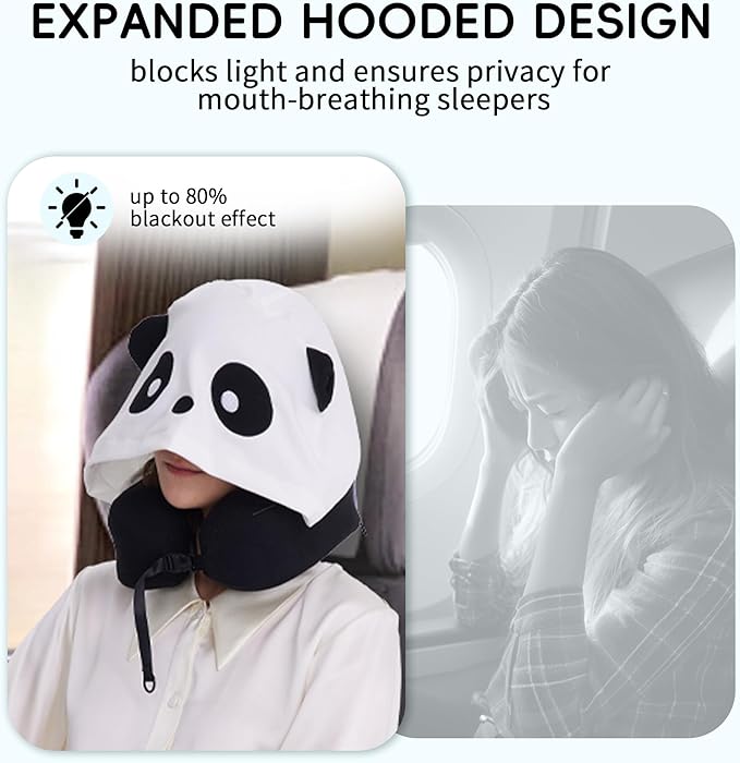Hooded Neck Pillow for Kids and Adults, 100% Pure Memory Foam Upgraded Travel Pillow with Hood, Kids Neck Pillow for Airplane, Outdoor, Office, Soft, Washable, Easy Storage, Panda