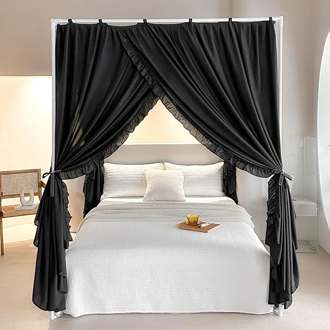 AIKASY Princess Canopy Bed Curtains with Top Ties - Windproof & Lightproof for Girls' Adult Bedroom Decor | Bed Canopy Drapes (Queen,Black)