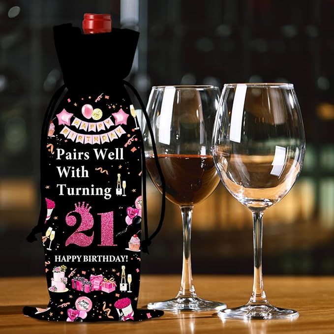 21st Birthday Gifts for Her Him Wine Bag, 21 Year Old Birthday Gifts for Her, Happy 21st Birthday Party Decorations for Her Him, Pairs Well with Turning 21 Wine Bags (Black Pink)