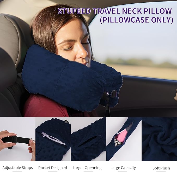 Stuffable Travel Pillow for Extra Luggage, Travel Neck Pillow Stuffable with Clothes, Stuffable Neck Pillow for Travel, Velvet Travel Neck Pillow Storage Bag, Fillable Luggage Pillow (Dark Blue)