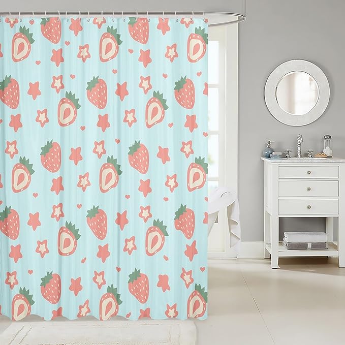 Feelyou Green Strawberry Bathroom Waterproof Accessories with 12 Hooks Kawaii Fruit Fabric Shower Curtain for Kids Boys Girls Cute Stars Strawberry Shower Curtain Kawaii Lovely Curtains,72x84 Inches