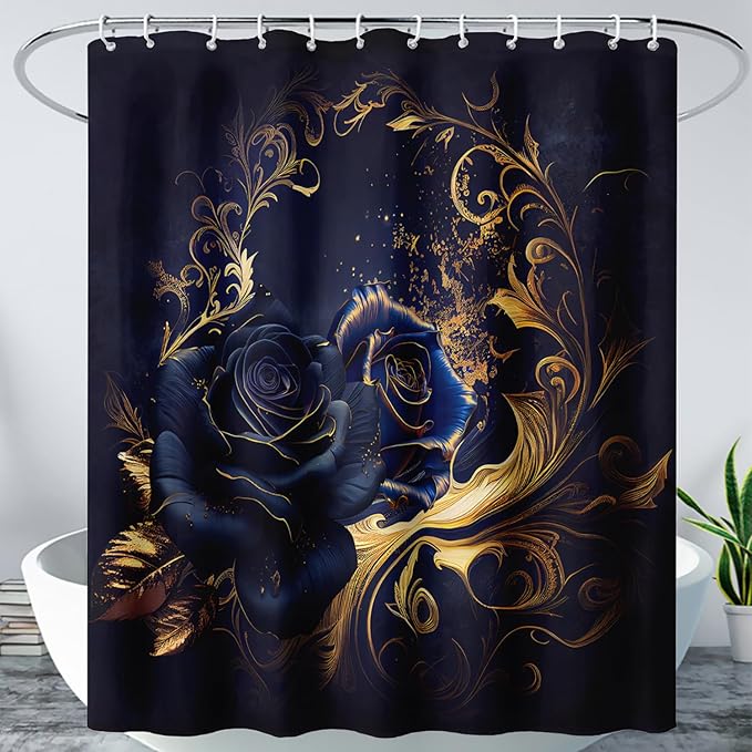 AILONEN Blue Rose Shower Curtain 72"W*72"H for Bathroom,Mystic Blue Gold Flower Glitter Rose Print Bath Curtain,Girls Women Teen Adults Bath Curtain Polyester Waterproof Shower Curtain With 12 Hooks