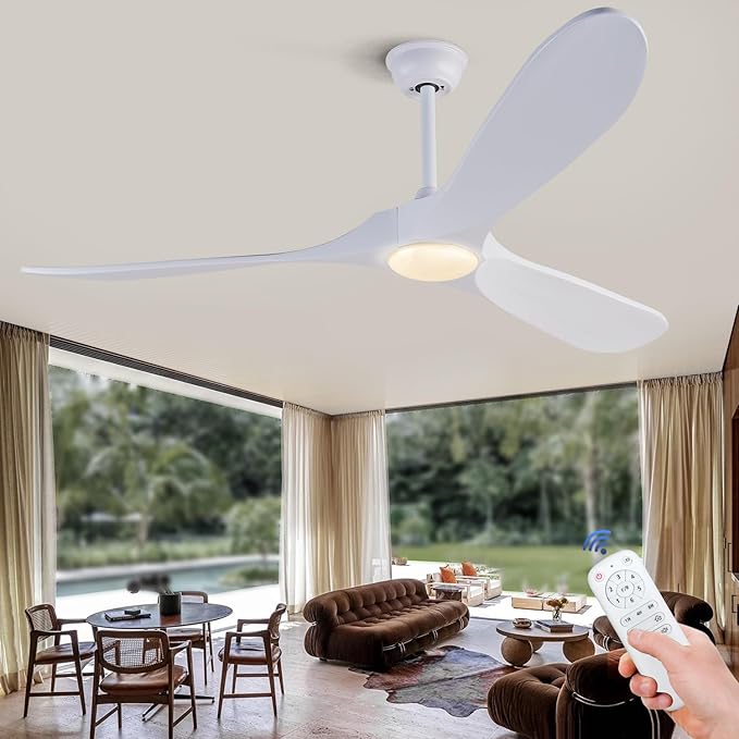 BOJUE Ceiling Fans with Lights 60 Inch Indoor Outdoor Ceiling Fan with Remote Control & 3 Wood Blade,Wood Ceiling Fan for Patio Living Room Bedroom (White Blades)