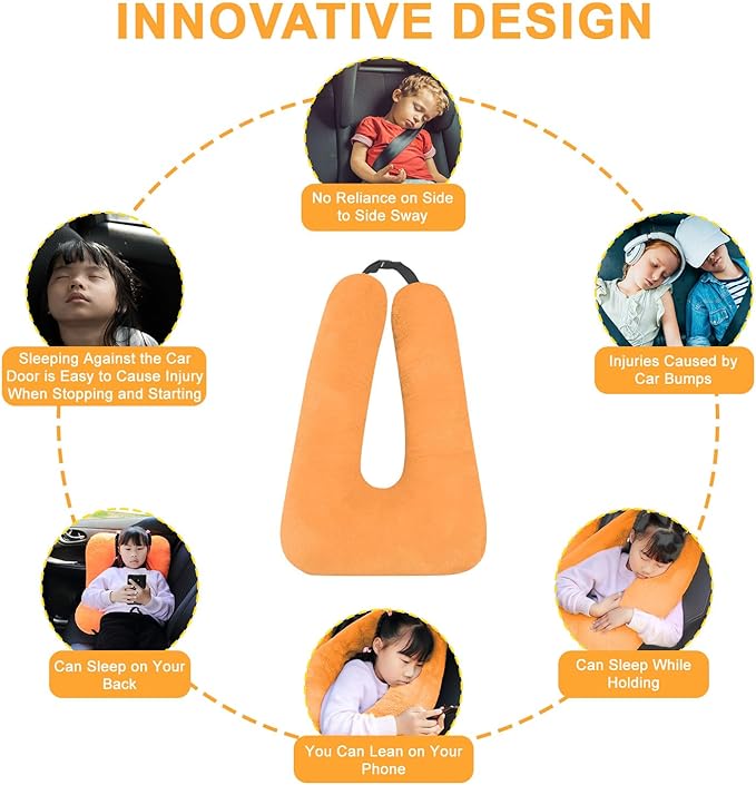 Travel Pillow, Travel Pillow for Kids, Sleeper Hold Pillow Travel, Removable U-Shaped Pillow for Adults and Children to Support Head and Body in The Back Seat of Long Car Trips (Orange)