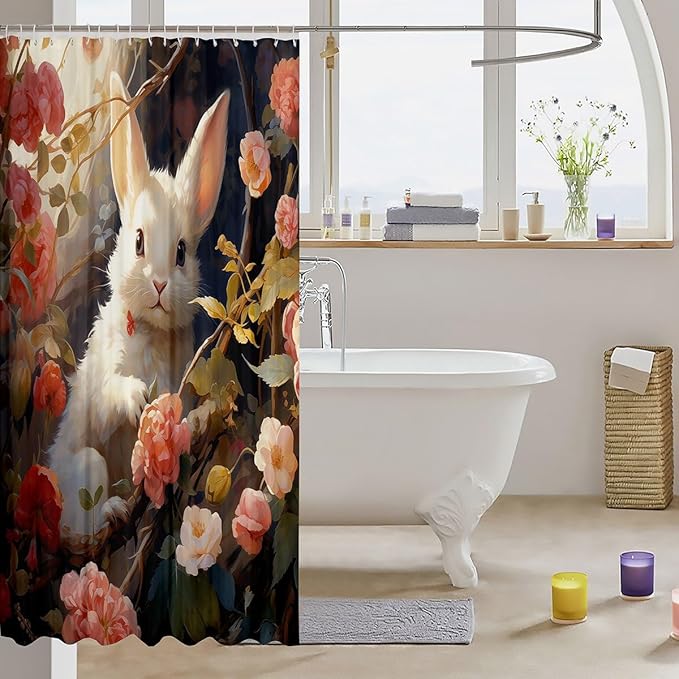 Feelyou Cute Rabbit Fabric Shower Curtain Cute Bunny Shower Curtain for Boys Girls 3D Print Bathroom Waterproof Accessories with 12 Hooks Pink Flower Curtains,72x84 Inches