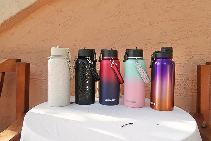 32 oz Insulated Water Bottle with Paracord Handles & Strap, 2 Lids(Straw Lid&Spout Lid), Stainless Steel Reusable Wide Mouth Metal Water Bottle With Straw, Double Walled, Thermo Mug（Tropical Fruit)