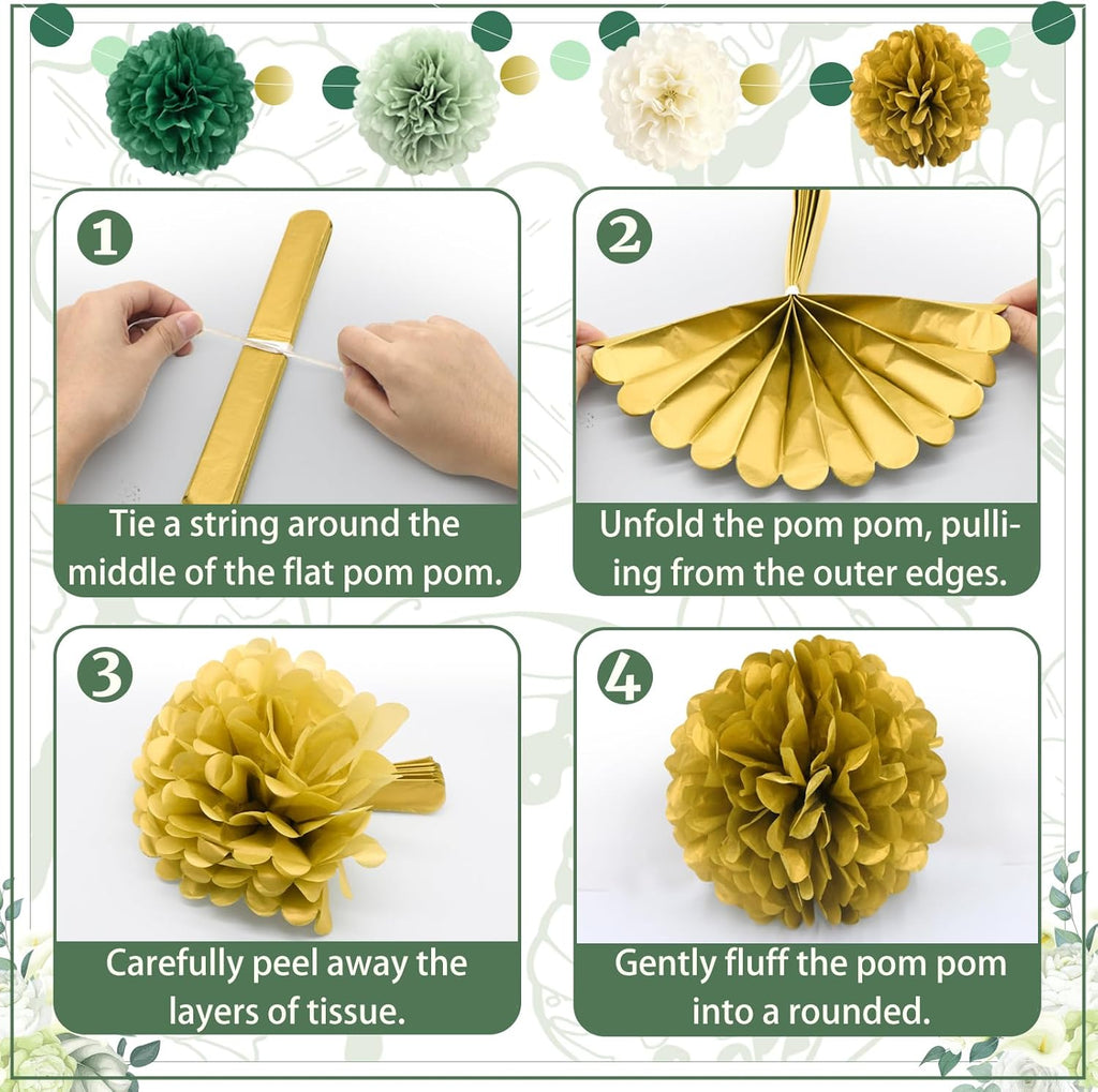 Green Wedding Party Decorations Set, 16 PCS Tissue Paper Pom Poms, Dots Paper Garland for Engagement, Green Boho Wedding, St. Patrick's Day Party, Baby Shower Party Decor