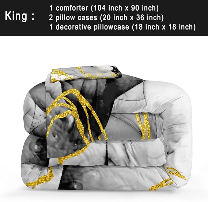 Bedbay Marble Comforter Set King Size Watercolor Bedding Black and Gold Bedding Duvet Set Abstract Marble Texture 4 Pieces Soft Microfiber Lightweight Down Alternative Comforter(Ink,King) ﻿