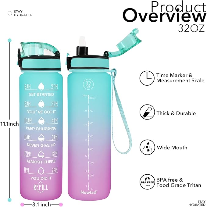 32 oz Water Bottle with Straw and Sleeve, Motivational Water Bottle with Time Marker and Adjustable Shoulder Strap, BPA Free Leakproof Sport Water Jug for Hiking, Gym