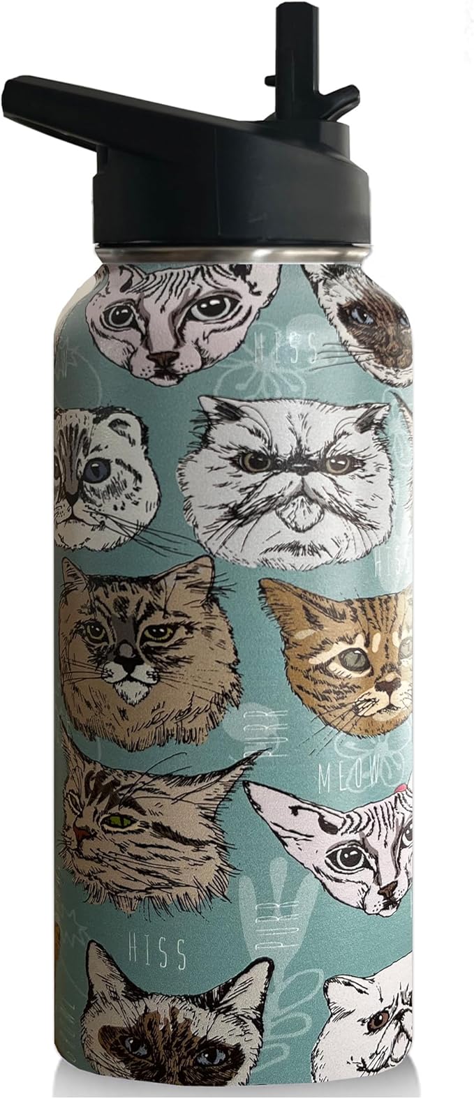 32 oz Cat Water Bottle Insulated Vacuum Stainless Steel Sports Water Bottle with 2 Lids (Straw and Spout Lid) for Gym Camping Hiking