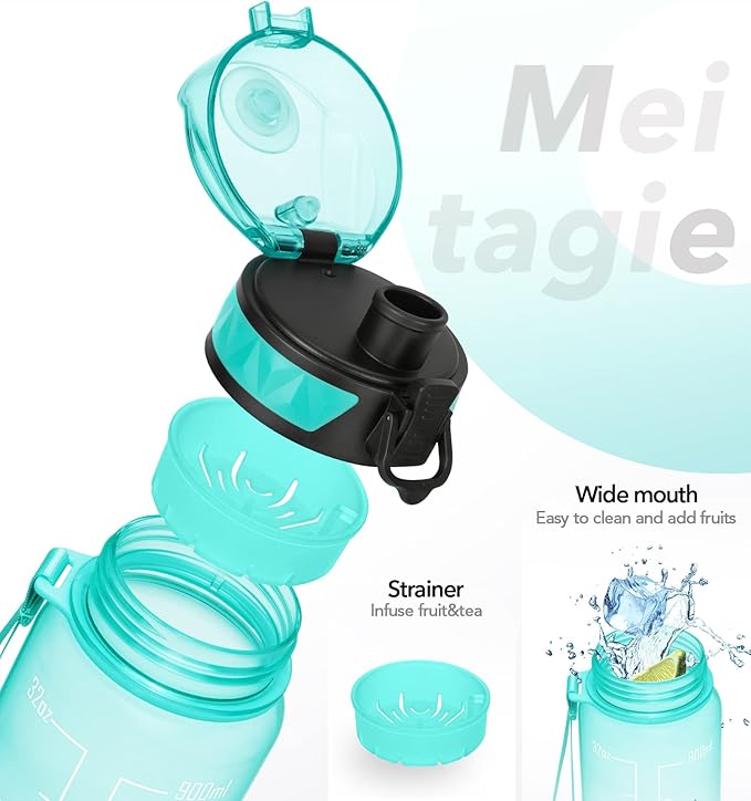 32oz/26oz Motivational Water Bottle with Time Marker & Fruit Strainer, Leak-proof BPA Free Non-Toxic 1l Bottle with Carrying Strap, Perfect for Fitness, Gym and Outdoor Sports Plastic