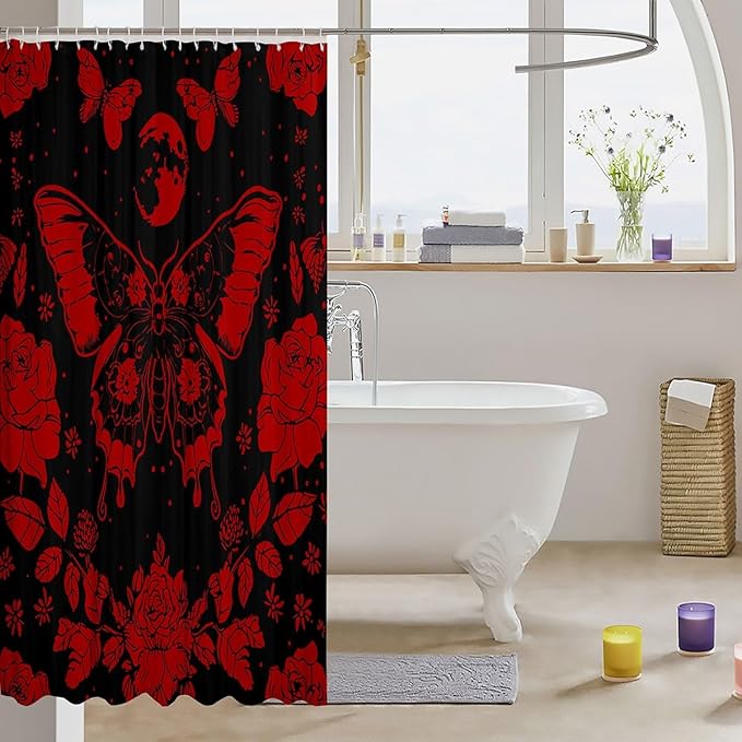 Feelyou Red Butterfly Fabric Shower Curtain Cover Botanical Floral Shower Curtain for Kids Boys Girls Butterflies Bathroom Waterproof Accessories with 12 Hooks Flying Curtains,72x72 Inches