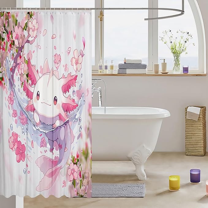 Feelyou Boys Girls Cute Axolotl Bathroom Shower Curtain Set Ocean Sealife Bath Curtain Kawaii Shower Curtain Kids Cartoon Salamander Teens Bathroom Accessories Room Decor 72"x84"