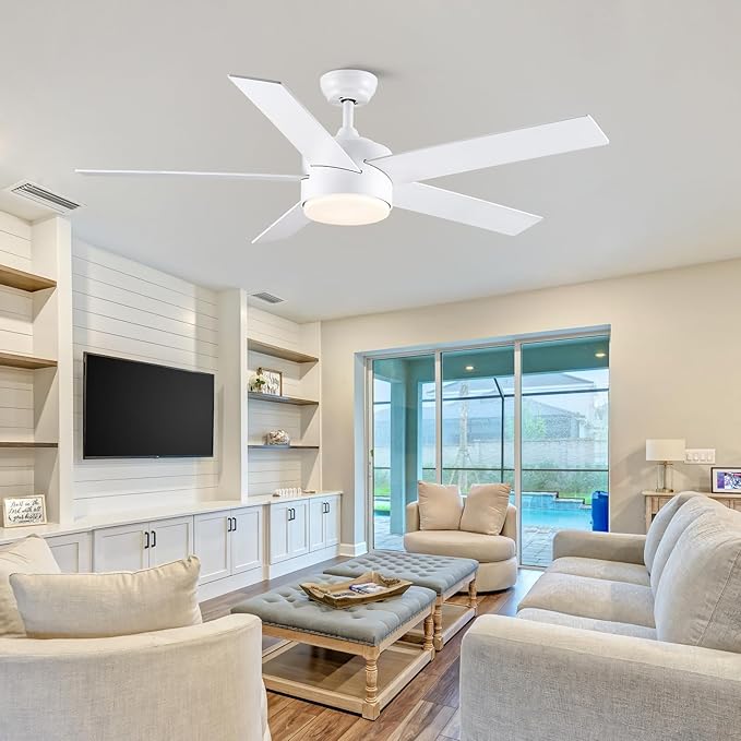 52 inch White Ceiling Fans with Lights and Remote, Wooden 5 Blades LED Modern Ceiling Fan for Bedroom, Living Room, Dining Room, 3 CCT 6-Speed Quiet Reversible