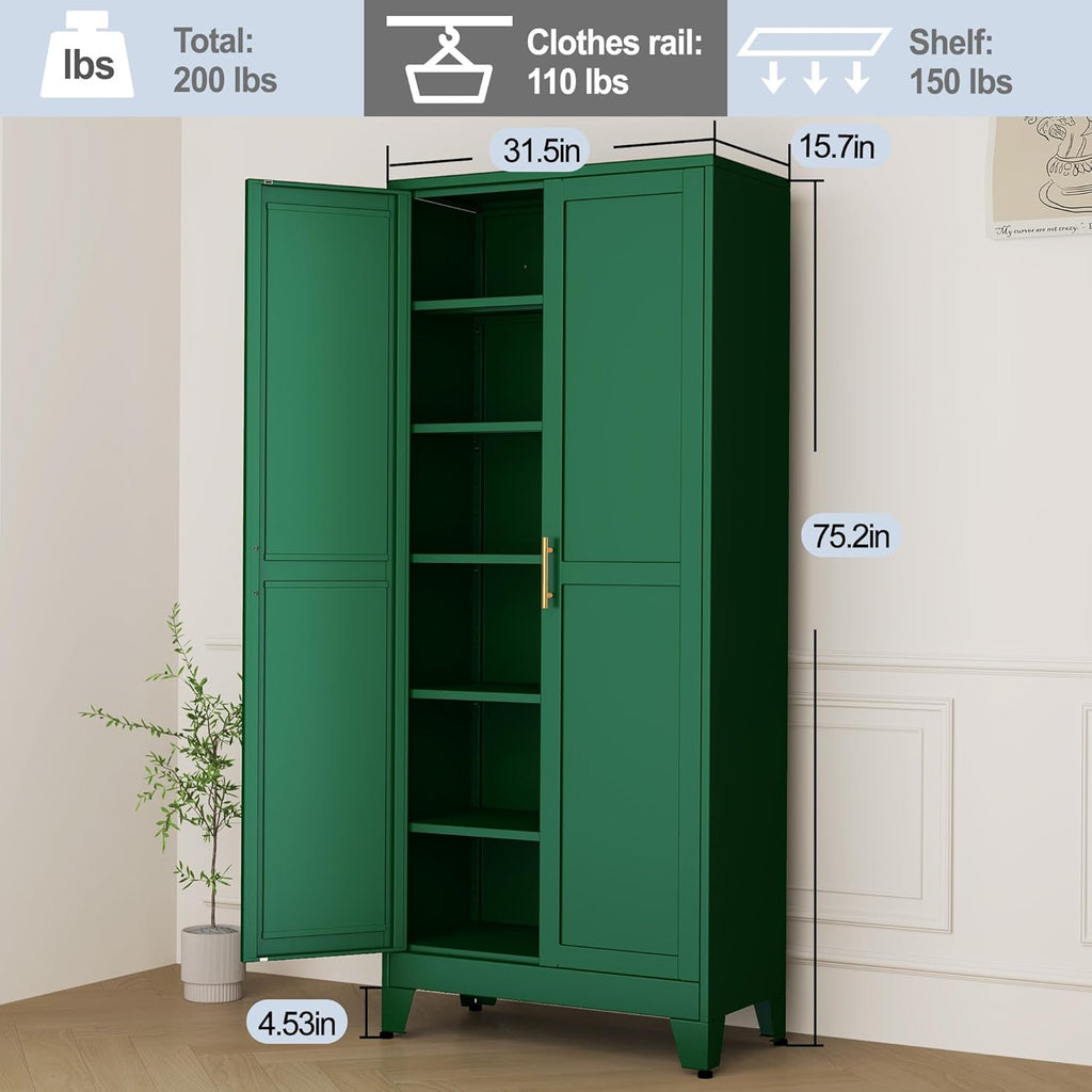 Green Metal Storage Cabinet,75" Steel Cabinets for Home Office, Kitchen Pantry Storage Cabinet with Doors and 5 Adjustable Shelves, Tool Cabinets, for Office, Home, Garage, School