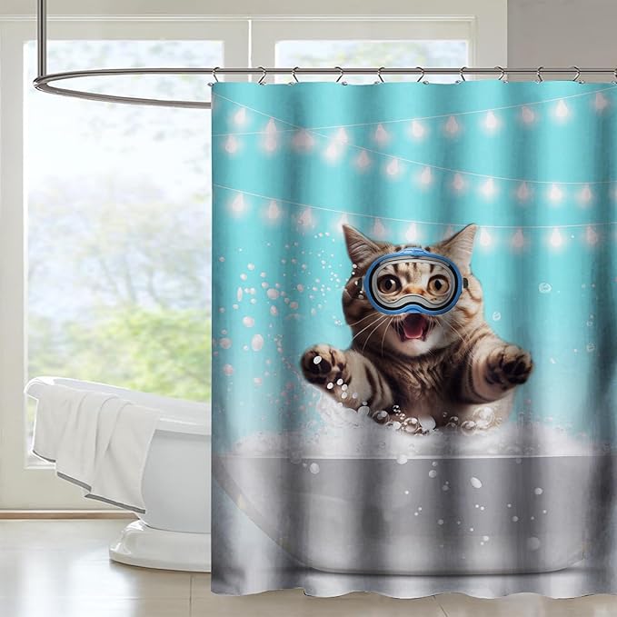 AILONEN 3D Bathtub Cat Shower Curtain for Kids 72" W*72" H Inch,Kawaii Diving Cat Leaps Out of Bathtub Shower Curtain,12 Pack Hooks Polyester Waterproof Fabric Decor for Bathroom Bathtub Panels