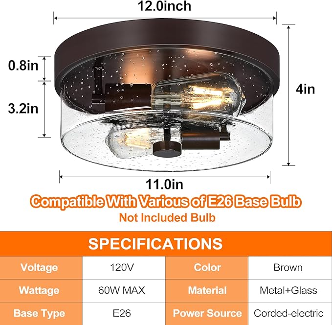 Flush Mount Ceiling Light Fixtures, 2-Light 12 Inch Brown Close to Ceiling Light Fixtures with Seeded Glass Shade Light Fixtures Ceiling Mount for Porch, Hallway, Bathroom, Dining Room and Foyer