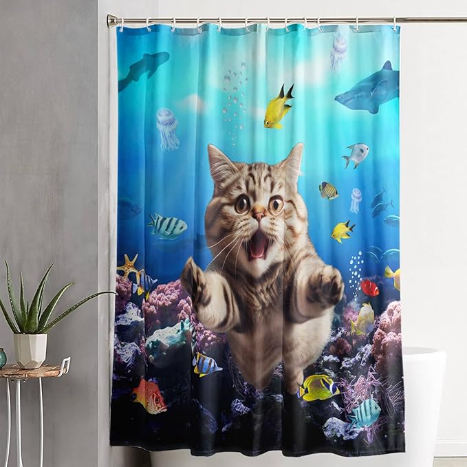 AILONEN 3D Swimming Cat Shower Curtain Set,Coral Bath Curtain for Kids Girls Boys,Sea Animals Ocean Theme Shower Curtain,Cat Lovers Animal Shower Curtains for Bathroom Decor, 36" W*72" H