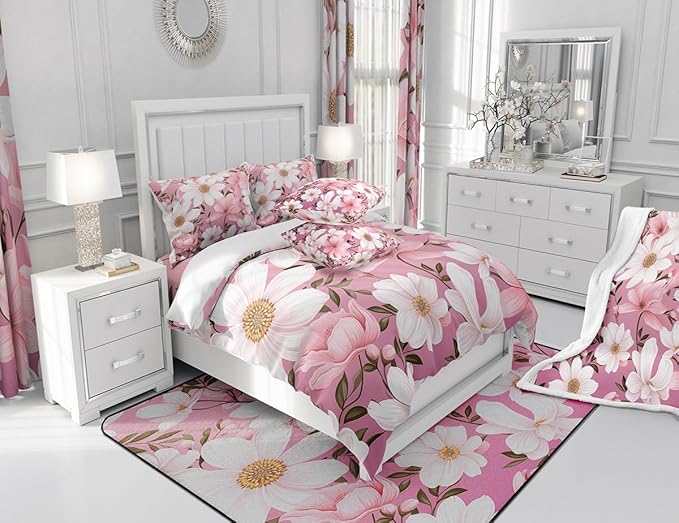 Feelyou Flower Fabric Shower Curtain for Kids Boys Girls Pink Floral Bathroom Waterproof Accessories with 12 Hooks Flower Botanical Shower Curtain Nature Plants Curtains,72x78 Inches