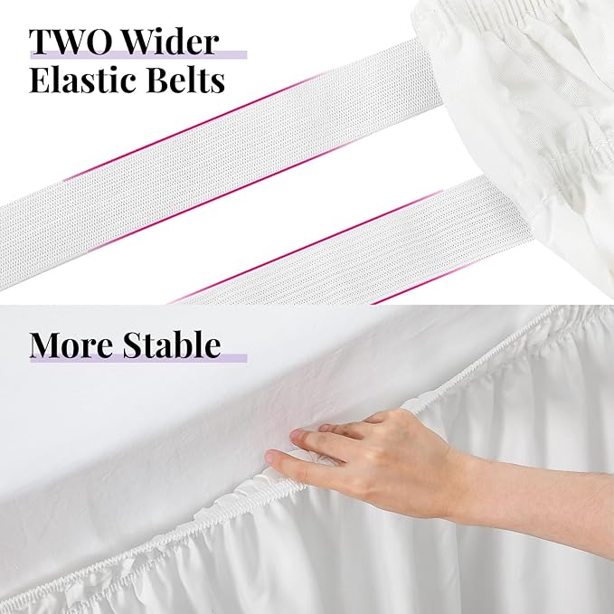 RIMELA White King Size Bed Skirt 12 Inch Drop, Elastic Bed Skirts Cal King Dust Ruffle, White Bedskirt for Adjustable Bed Base Solid Fade Resistant Silky Fabric Machine Washable Easy to Install