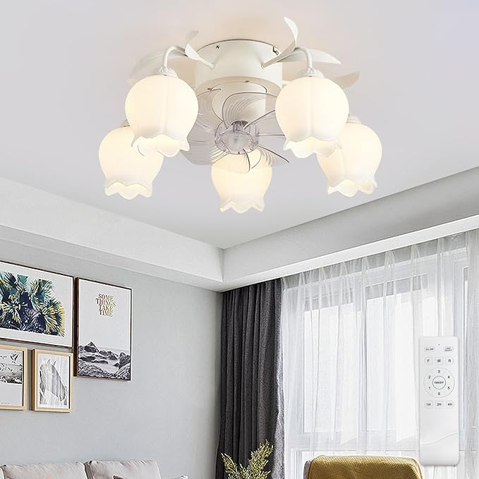 Flower Ceiling Fan with Light: White Flower Fan Lights for Girls Bedroom - Flush Mount Fandelier for Living Room - 5-Light Modern Chandelier with Fan for Home Decor Enthusiasts