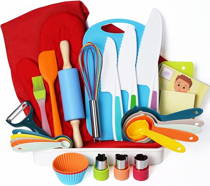 Kids Cooking and Baking Supplies Set with Gift Storage Box, Complete junior chef cooking Kit, Girls & Boys Childrens Real Bakeware Accessories, Real Cookware and Baking Utensils Sets for Kids