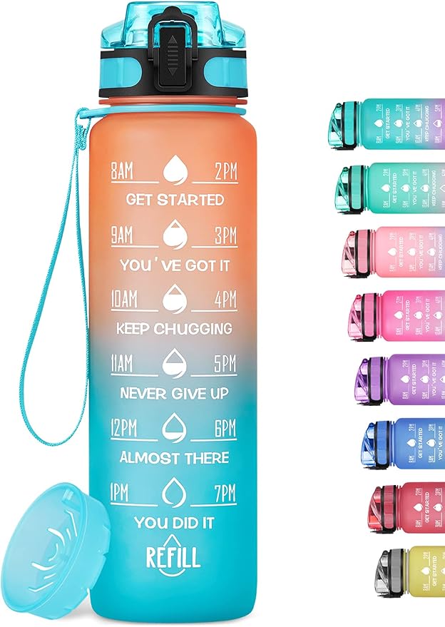 32oz Motivational Water Bottle with Time Marker & Fruit Strainer, Leak-proof BPA Free Non-Toxic Bottle with Carrying Strap, Perfect for Fitness, Gym and Outdoor Sports