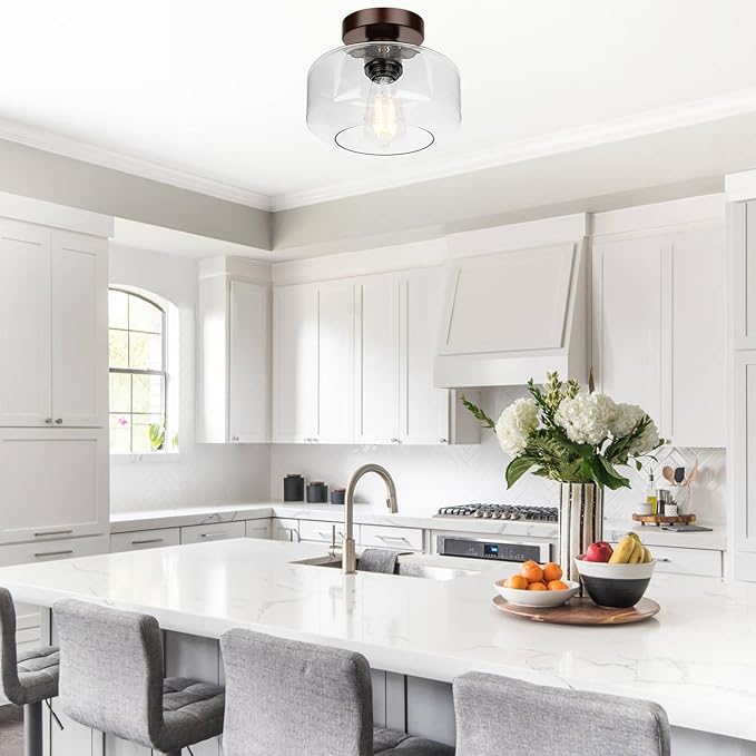 Industrial Semi Flush Mount Ceiling Light Brown, 800 Lumen LED Bulb Included, Clear Glass Shade Ceiling Light Fixture, Light Fixture for Hallway Bathroom Bedroom, Vintage Hanging Light Fixtures